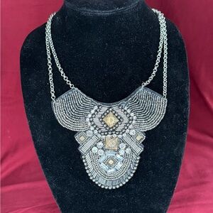 Amazing Beaded, Crystal, Studded Silvertone Statement Collar Necklace!